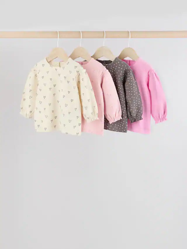 |BabyGirl| Tops Estampados De Coração Rosa/Cinza Para Bebês, Pacote Com 4 Unidades