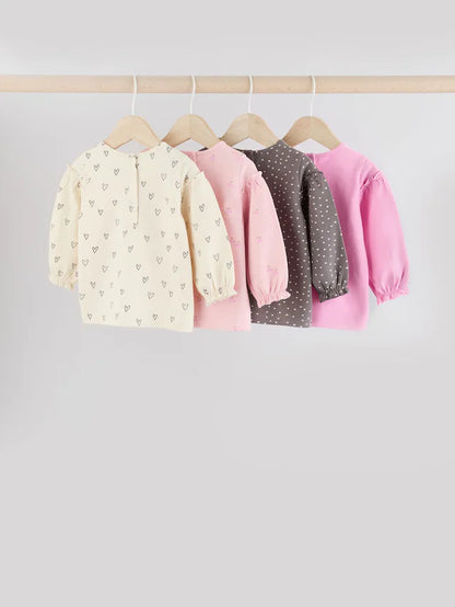 |BabyGirl| Tops Estampados De Coração Rosa/Cinza Para Bebês, Pacote Com 4 Unidades