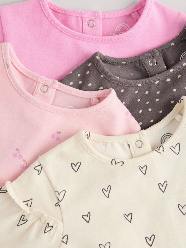 |BabyGirl| Tops Estampados De Coração Rosa/Cinza Para Bebês, Pacote Com 4 Unidades