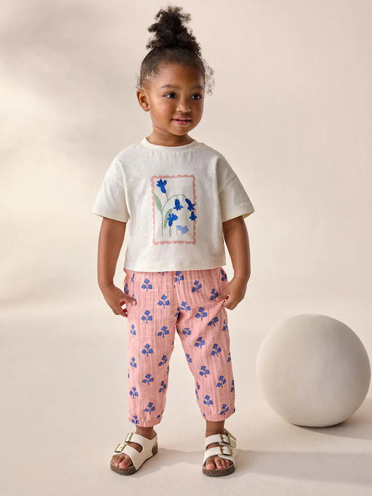 |Girl| Conjunto De Camiseta e Calça 100% Algodão Com Estampa Floral Rosa (3 meses a 7 anos)