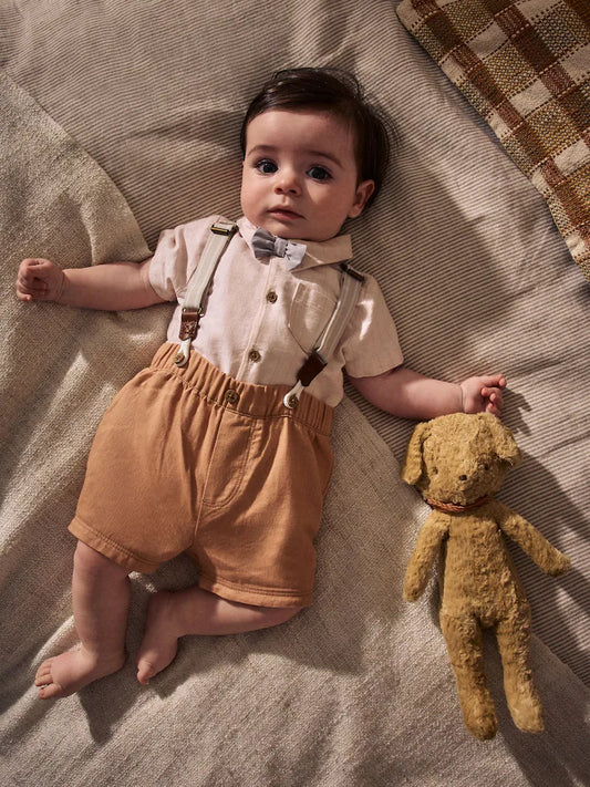 |BabyBoy| Conjunto De 4 Peças De Camisa Laranja Damasco, Shorts e Suspensórios Para Bebê (0 meses a 2 anos)