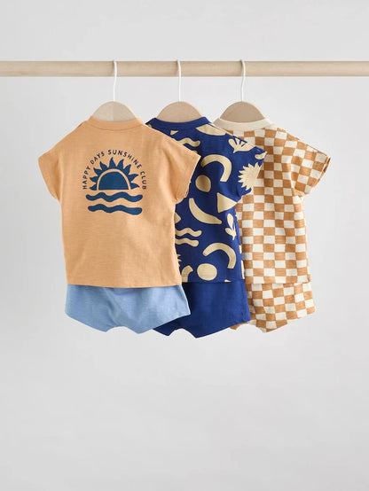 |BabyBoy| Conjunto De 6 Peças De Blusas e Shorts Xadrez Azul-Marinho/Ferrugem Para Bebê