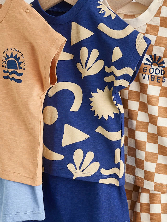 |BabyBoy| Conjunto De 6 Peças De Blusas e Shorts Xadrez Azul-Marinho/Ferrugem Para Bebê