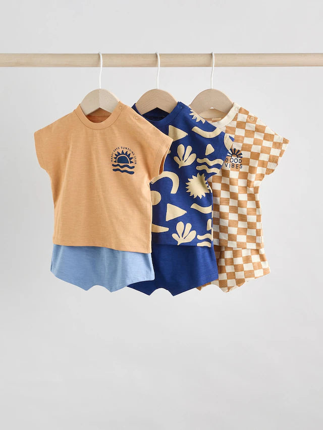 |BabyBoy| Conjunto De 6 Peças De Blusas e Shorts Xadrez Azul-Marinho/Ferrugem Para Bebê