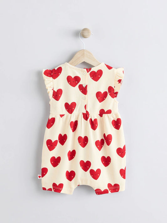 |BabyGirl| Macacão Infantil 100% Algodão Com Estampa De Coração Vermelho e Babados