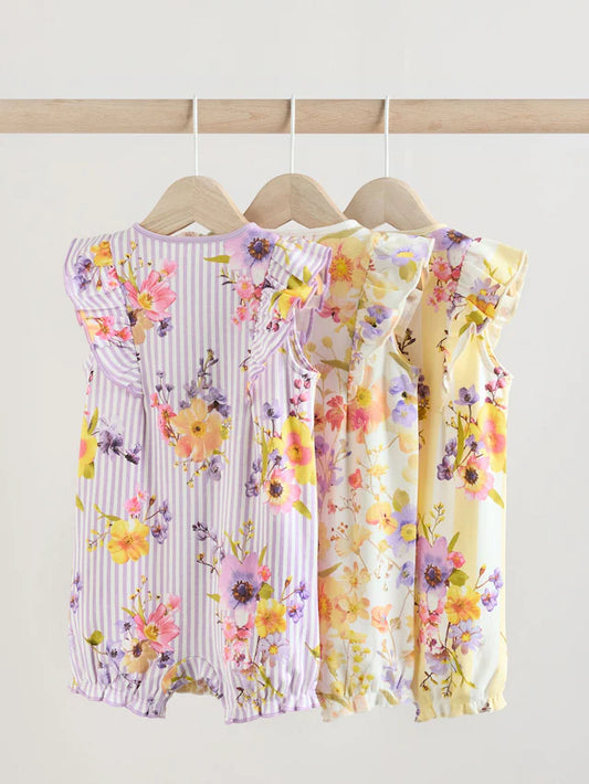 |BabyGirl| Macacão Infantil 100% Algodão Com Estampa Floral Multibrilhante, Pacote Com 3 peças