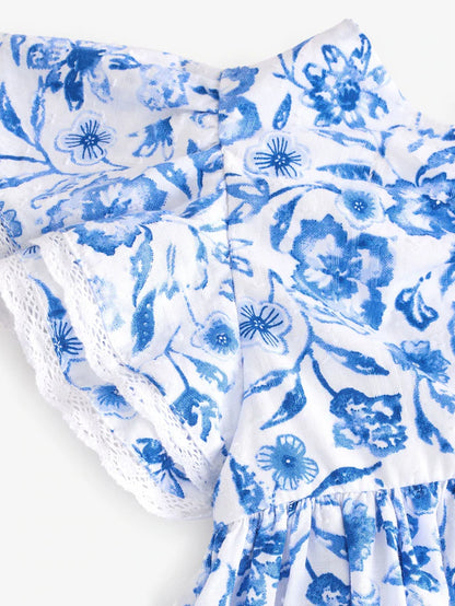 |Girl| Vestido Azul Floral Com Manga De Anjo 100% Algodão (3 meses a 8 anos)