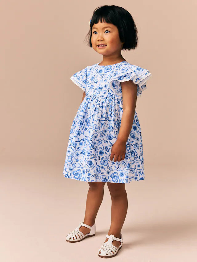 |Girl| Vestido Azul Floral Com Manga De Anjo 100% Algodão (3 meses a 8 anos)