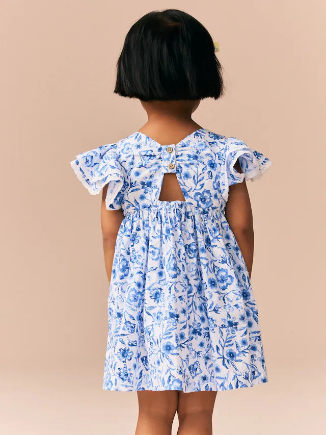 |Girl| Vestido Azul Floral Com Manga De Anjo 100% Algodão (3 meses a 8 anos)