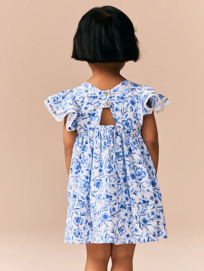 |Girl| Vestido Azul Floral Com Manga De Anjo 100% Algodão (3 meses a 8 anos)
