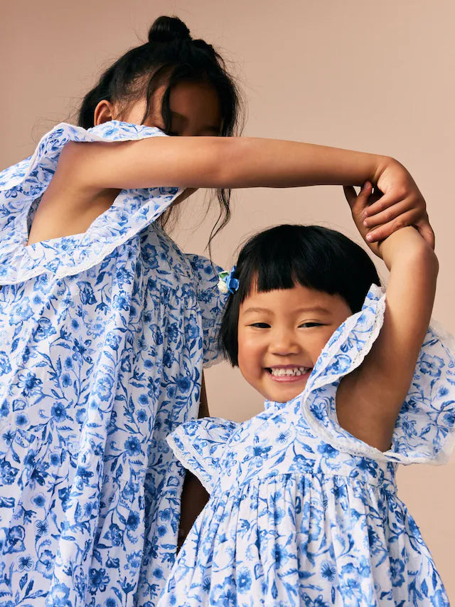 |Girl| Vestido Azul Floral Com Manga De Anjo 100% Algodão (3 meses a 8 anos)