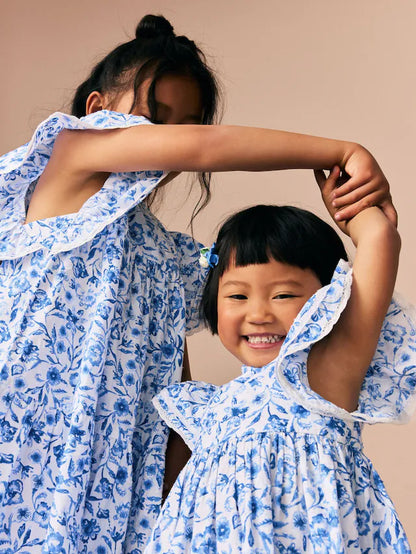 |Girl| Vestido Azul Floral Com Manga De Anjo 100% Algodão (3 meses a 8 anos)