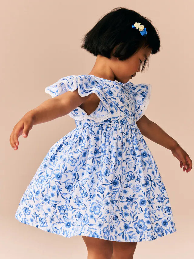 |Girl| Vestido Azul Floral Com Manga De Anjo 100% Algodão (3 meses a 8 anos)