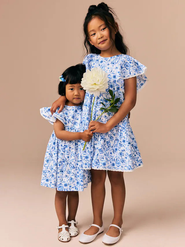 |Girl| Vestido Azul Floral Com Manga De Anjo 100% Algodão (3 meses a 8 anos)