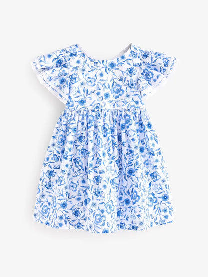 |Girl| Vestido Azul Floral Com Manga De Anjo 100% Algodão (3 meses a 8 anos)