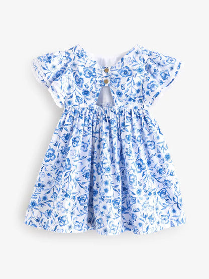 |Girl| Vestido Azul Floral Com Manga De Anjo 100% Algodão (3 meses a 8 anos)
