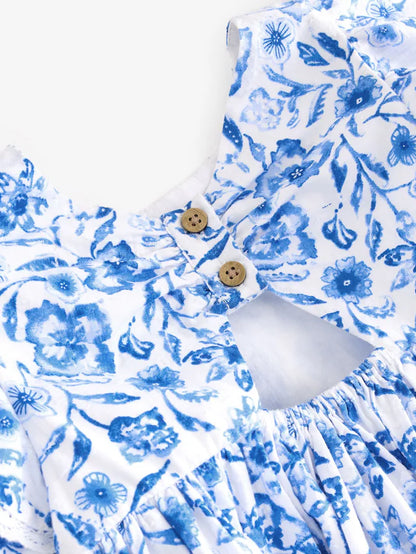 |Girl| Vestido Azul Floral Com Manga De Anjo 100% Algodão (3 meses a 8 anos)