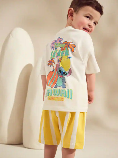 |Boy| Conjunto De Camiseta e Shorts Lilo and Stitch Amarelo/Branco, Manga Curta, 100% algodão (3 meses a 8 anos)