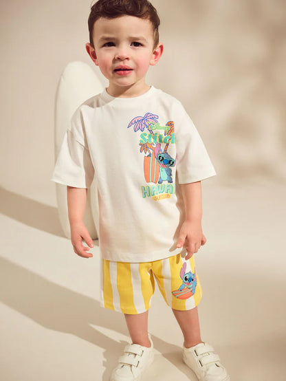 |Boy| Conjunto De Camiseta e Shorts Lilo and Stitch Amarelo/Branco, Manga Curta, 100% algodão (3 meses a 8 anos)