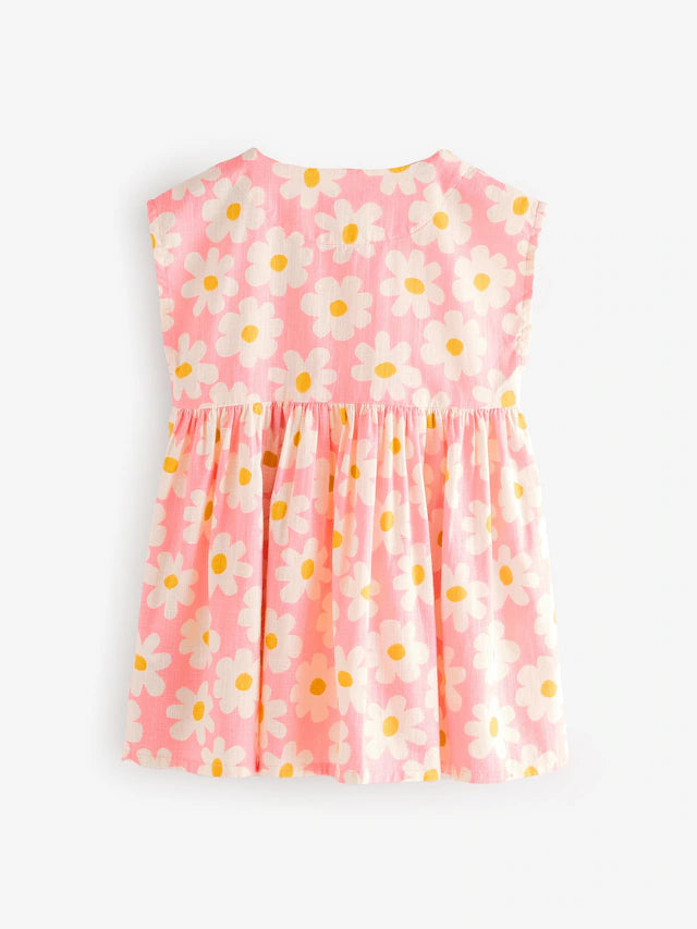 |BabyGirl| Vestido Com Botões e Flores Rosa (3 meses a 10 anos)