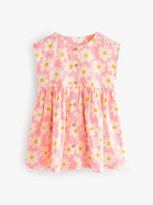 |BabyGirl| Vestido Com Botões e Flores Rosa (3 meses a 10 anos)