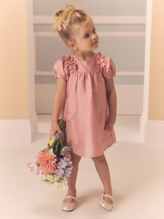 |Girl| Vestido De Festa Com Babados Em Tafetá Rosa Suave (3 meses a 8 anos)