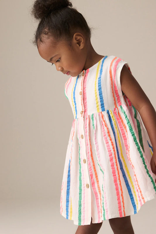 |Girl| Vestido De Algodão 100% Com Listras Arco-Iris e Botões (3 meses a 10 anos)