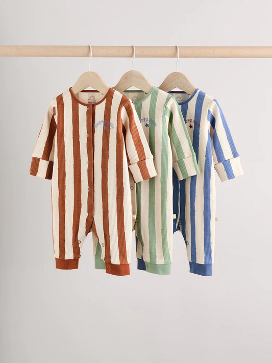 |BabyBoy| Macacão De Dormir 100% Algodão Sem Pés Creme/Azul Para Bebês, Pacote Com 3 unidades (0 meses a 3 anos)