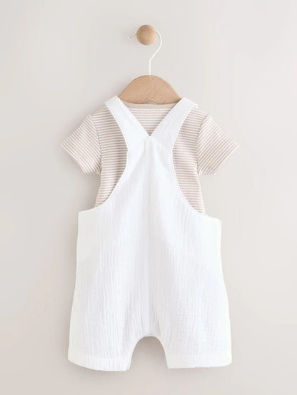 |BabyBoy| Conjunto De Macacão e Macacão Listrado Branco/Neutro Para Bebê (0 meses a 2 anos)