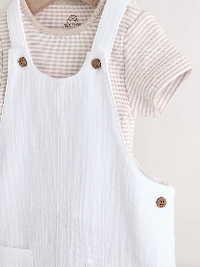 |BabyBoy| Conjunto De Macacão e Macacão Listrado Branco/Neutro Para Bebê (0 meses a 2 anos)