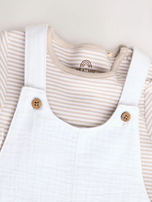 |BabyBoy| Conjunto De Macacão e Macacão Listrado Branco/Neutro Para Bebê (0 meses a 2 anos)