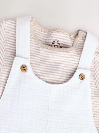 |BabyBoy| Conjunto De Macacão e Macacão Listrado Branco/Neutro Para Bebê (0 meses a 2 anos)