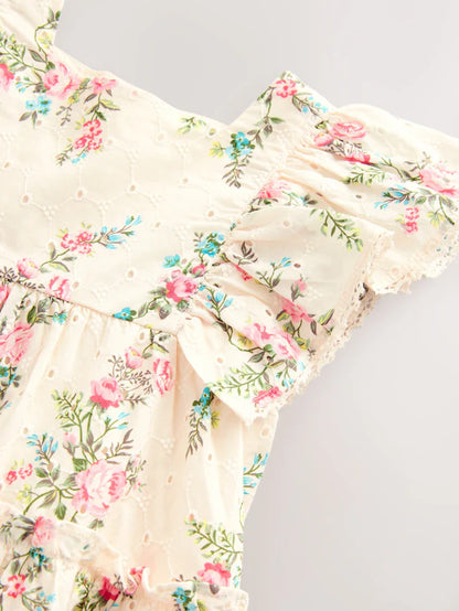 |Girl| Vestido Bordado Estampado Rosa 100% Algodão (3 meses a 8 anos)