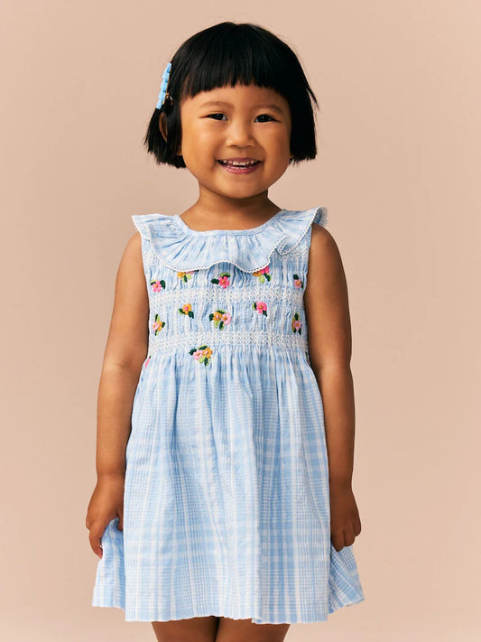 |Girl| Vestido Azul Bordado Com Gola Franzida (3 meses a 8 anos)