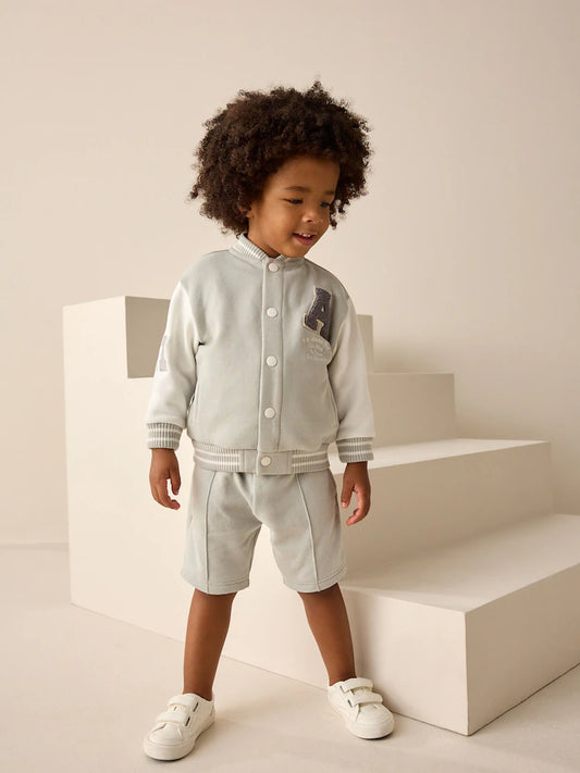 |Boy| Conjunto De Shorts Letterman e Pintuck Em Jersey Cinza (3 meses a 7 anos)