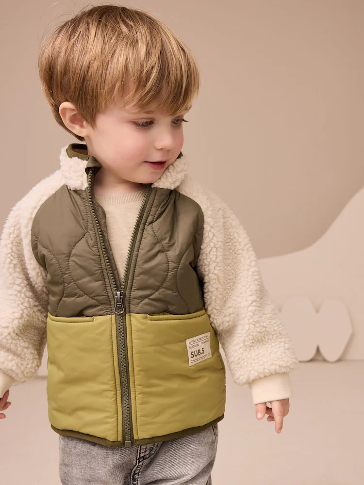 |Boy| Jaqueta Bomber De Nylon Borg Verde Borg Nylon Colourblock Shacket (3 meses a 7 anos)
