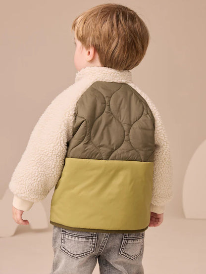 |Boy| Jaqueta Bomber De Nylon Borg Verde Borg Nylon Colourblock Shacket (3 meses a 7 anos)