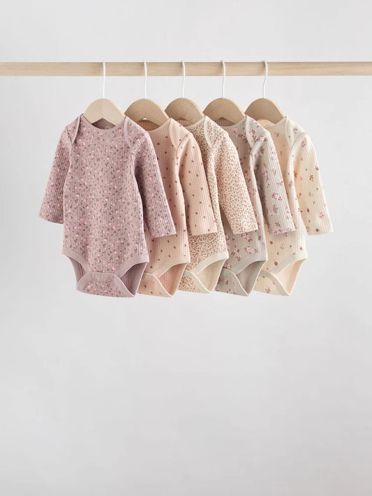 |BabyGirl| Pacote Com 5 Macacões De Manga Comprida Para Bebês, Estampados Com Estampa floral, marrom caramelo