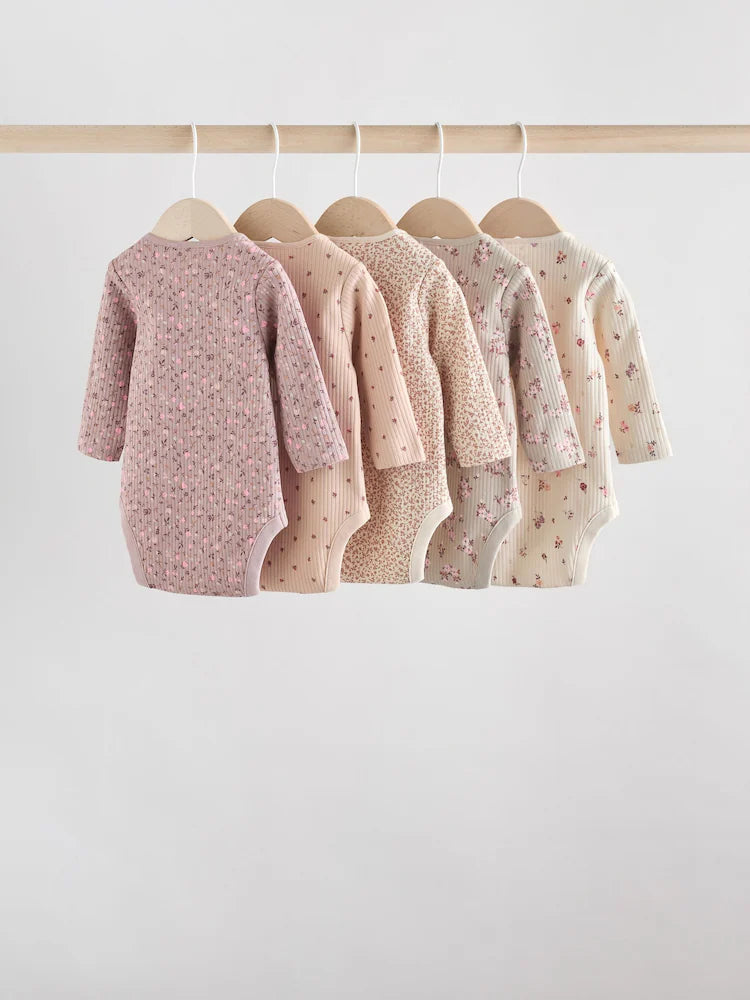 |BabyGirl| Pacote Com 5 Macacões De Manga Comprida Para Bebês, Estampados Com Estampa floral, marrom caramelo