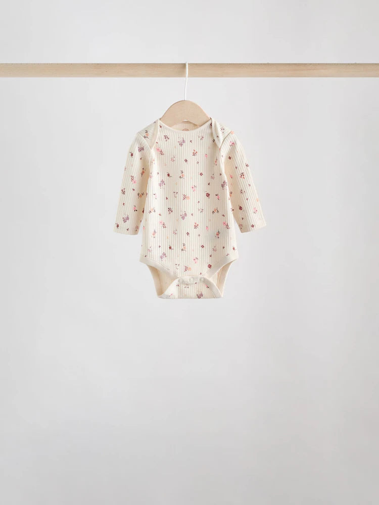 |BabyGirl| Pacote Com 5 Macacões De Manga Comprida Para Bebês, Estampados Com Estampa floral, marrom caramelo