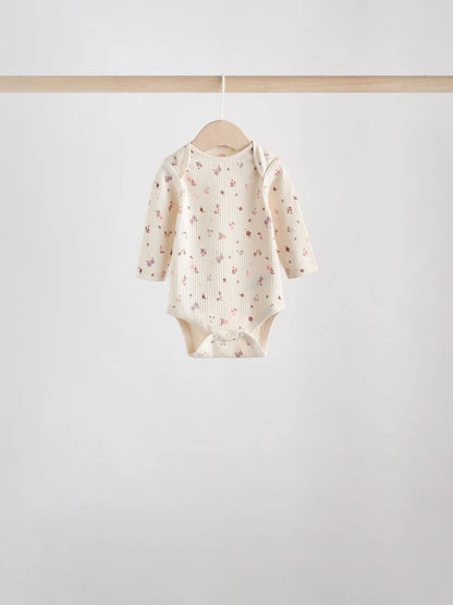 |BabyGirl| Pacote Com 5 Macacões De Manga Comprida Para Bebês, Estampados Com Estampa floral, marrom caramelo