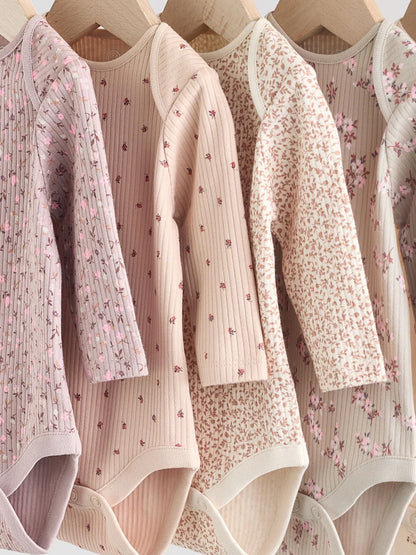 |BabyGirl| Pacote Com 5 Macacões De Manga Comprida Para Bebês, Estampados Com Estampa floral, marrom caramelo