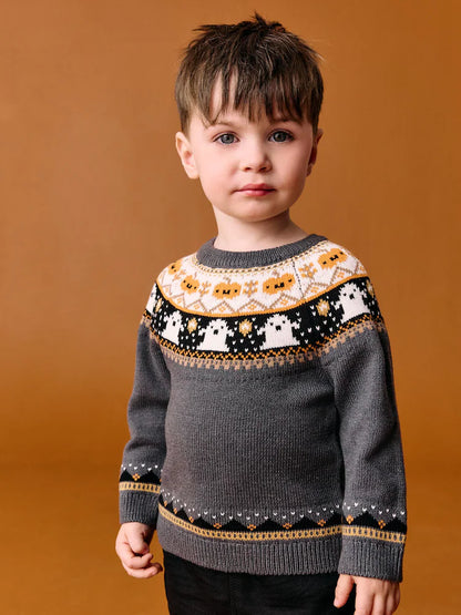 |Boy| Suéter De Gola Redonda De Tricô Fairisle Halloween Cinza Carvão (3 meses a 7 anos)