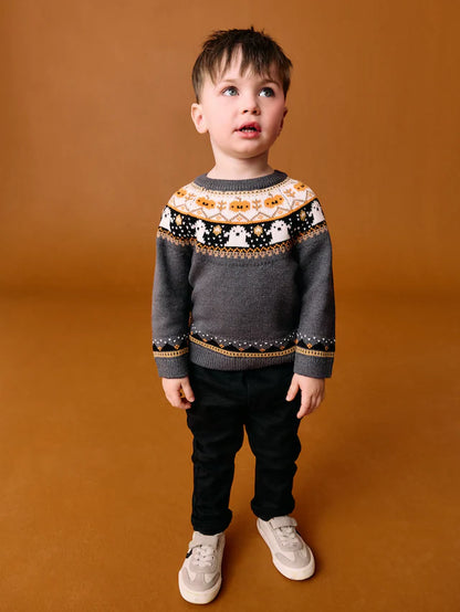 |Boy| Suéter De Gola Redonda De Tricô Fairisle Halloween Cinza Carvão (3 meses a 7 anos)