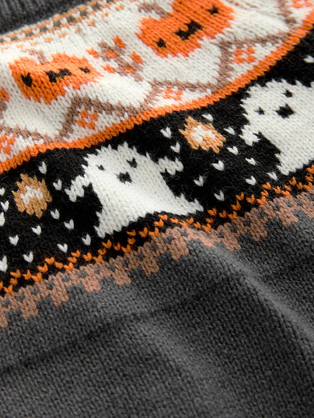 |Boy| Suéter De Gola Redonda De Tricô Fairisle Halloween Cinza Carvão (3 meses a 7 anos)