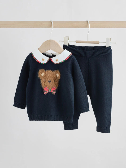 |BabyBoy| Conjunto De Suéter e Leggings De Tricô Navy Bear Para Bebês (0 meses a 3 anos)