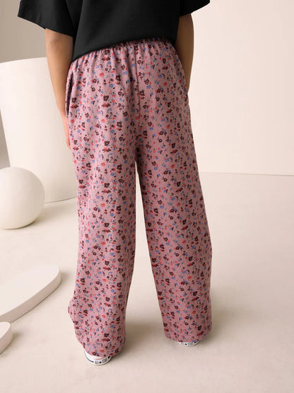 |BigGirl| Calças Largas Com Estampa Floral Rosa-Berry (3-16 anos)