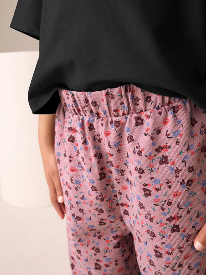 |BigGirl| Calças Largas Com Estampa Floral Rosa-Berry (3-16 anos)