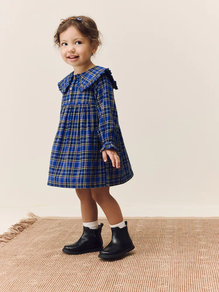 |Girl| Vestido Xadrez Azul Cobalto Com Gola Longa e Manga Comprida (3 meses a 8 anos)