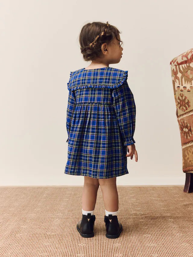 |Girl| Vestido Xadrez Azul Cobalto Com Gola Longa e Manga Comprida (3 meses a 8 anos)